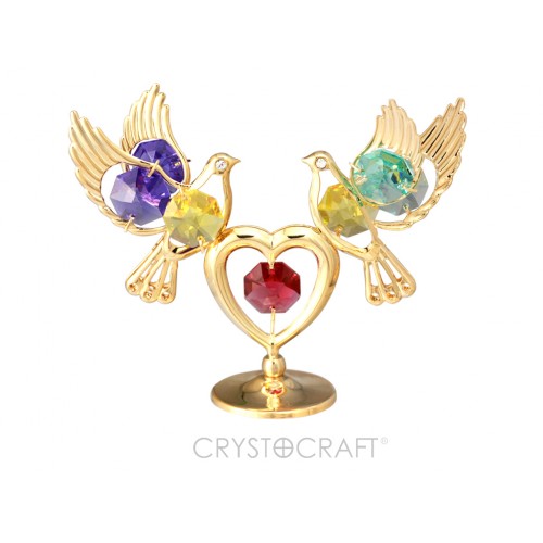 Divi balodīši un sirds, ar SWAROVSKI kristāliem, uz pamatnes, zelta pārklājums. 